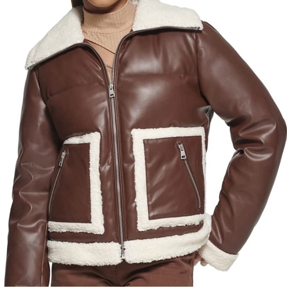 Levi's Women’s Faux Leather Puffer Sherpa Collared Brown Jacket Size M - Picture 2 of 14